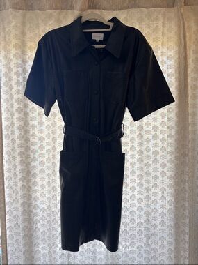 Who What Wear Black Short-Sleeve Belted Shirt Faux Leather Dress